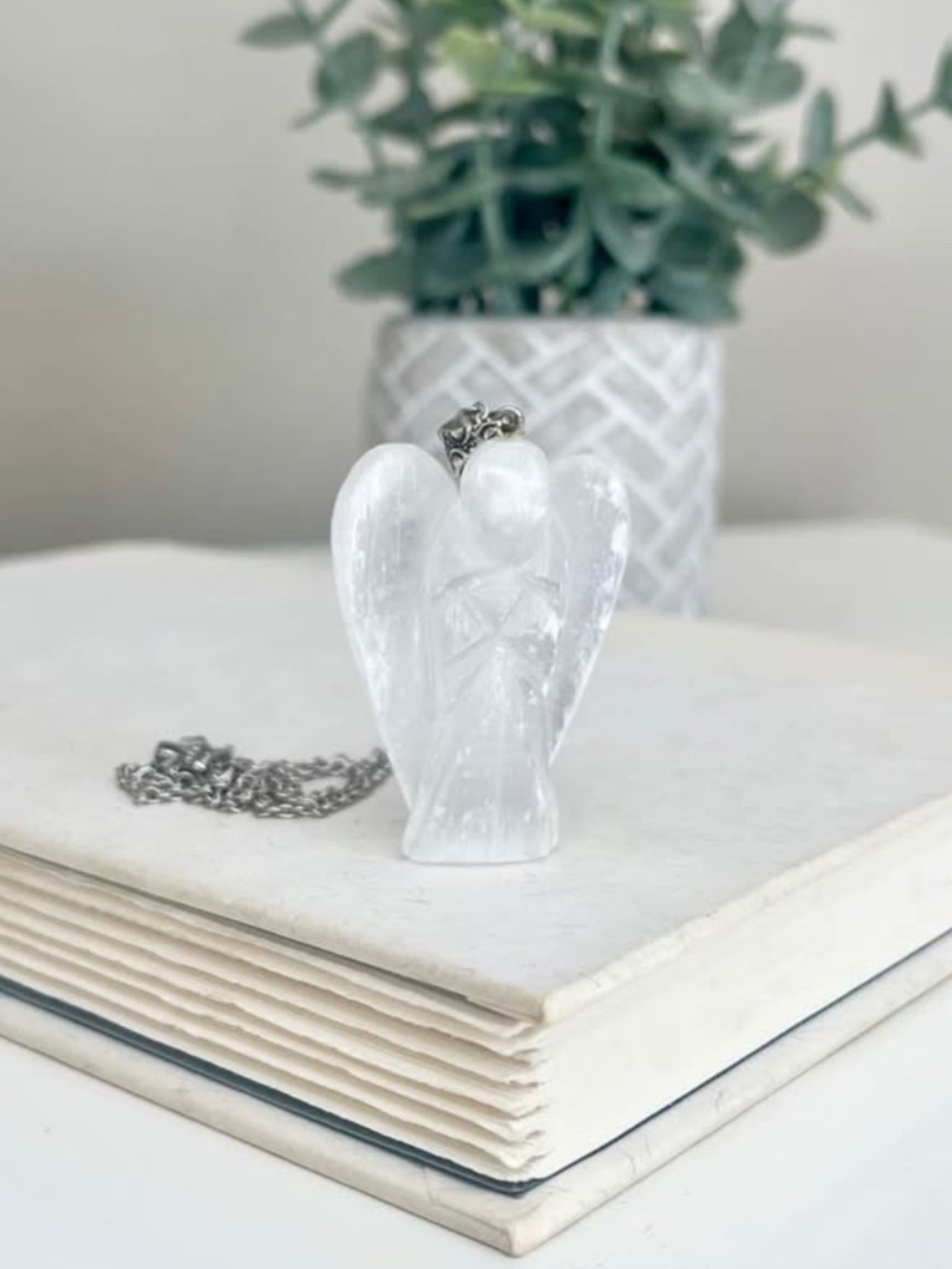 Carved Selenite Healing Guardian Angel Pendant Necklace 18 inch